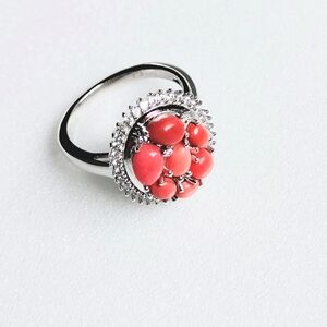 Gorgeous Peach Opal and White Zircon Blooming Ring in Platinum Bond 1.85 ctw